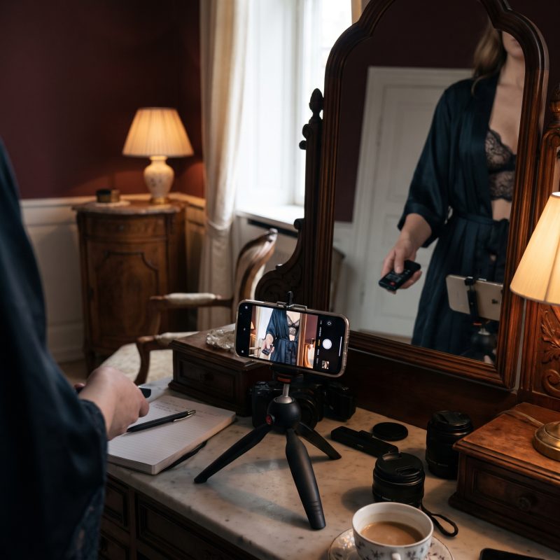 Mise en scène adulte autour du roleplay et de la féminisation, sans contenu explicite